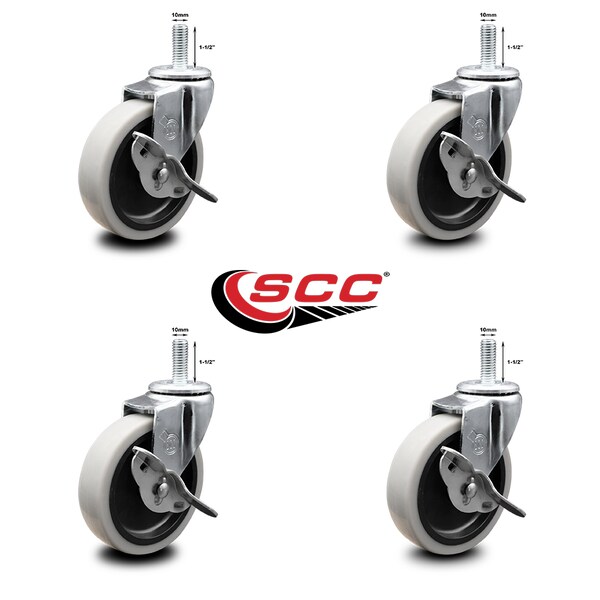 4 Inch Thermoplastic Wheel 10mm Threaded Stem Caster Set with Brakes SCC, 4PK